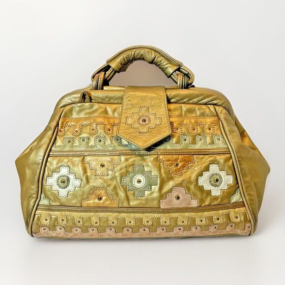 SAMIR VTG Leather Gold Western Boho Patchwork Metallic Cottagecore Handbag Rare - Picture 2 of 15